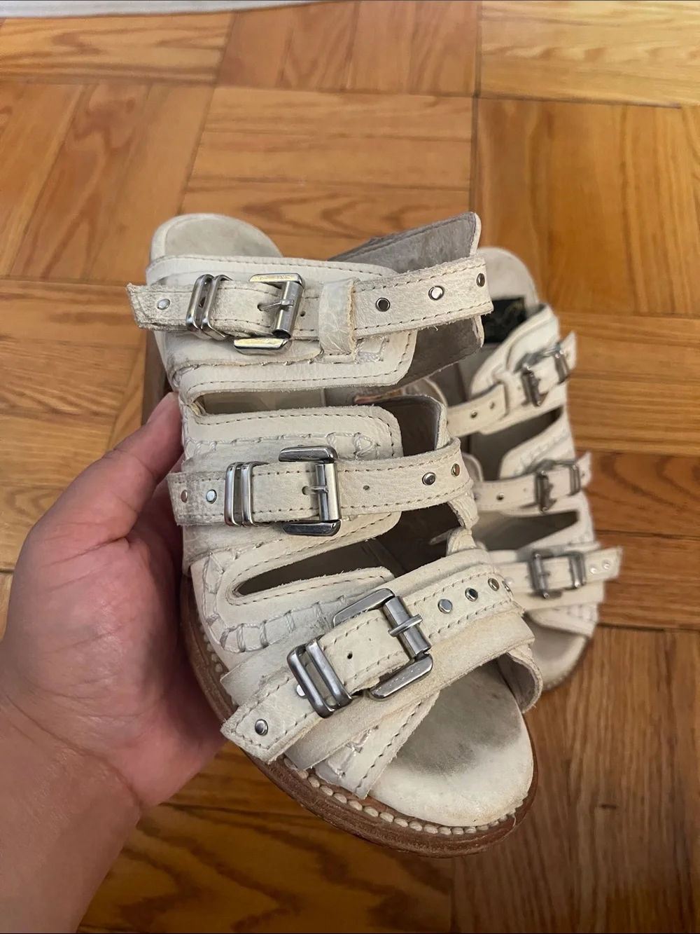 Freebird by Steven Caitlyn Cream Buckle Strappy Block Heel Sandals